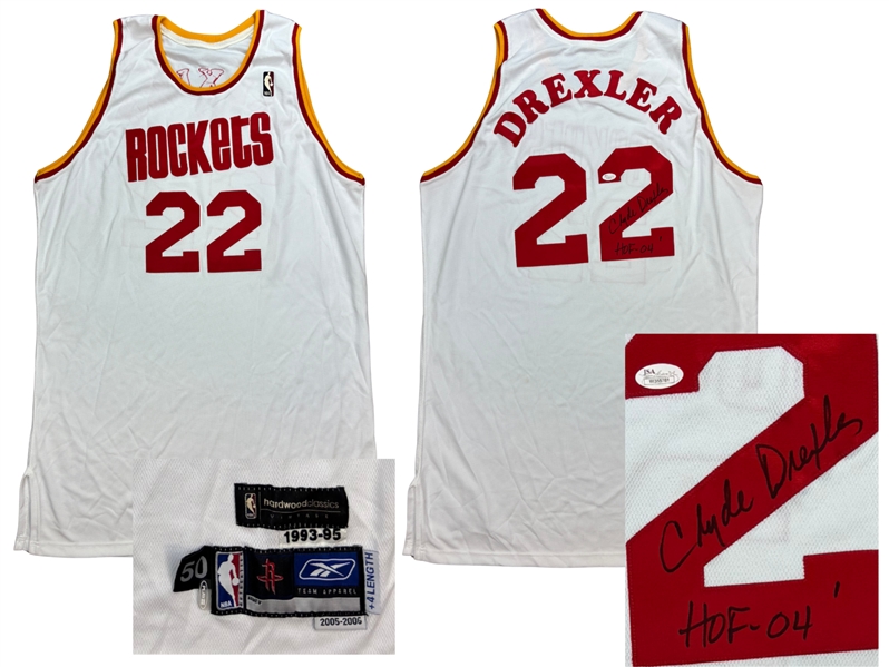 Clyde Drexler 2005-06 Houston Rockers Signed Professional Model Hardwood Classic Home Jersey - JSA Sticker