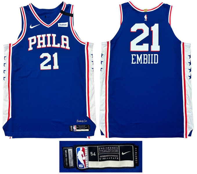 Joel Embiid 2019-20 Philadelphia 76ers Game Worn Road Jersey - David Stern Memorial Armband